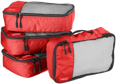 Amazon Basics Small Packing Cubes for Travel, Packing Organizers, 4-Piece-Set With Double Zipper Pulls and Mesh Top Panel, 100% Durable Polyester, Red, 11"L x 6.8"W x 3"H