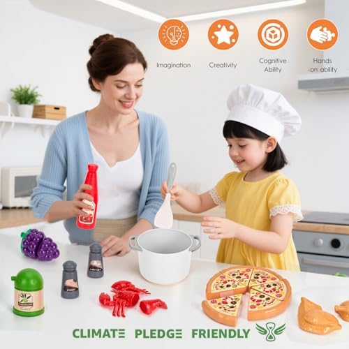 80Pcs Kitchen Playset, Toddler Pretend Cooking with Pots, Pans, Cookware, Food, Picnic Blanket, Fruits, Veges, Shopping Storage Basket, Dessert, Learning Gift for Girls Boys (White)
