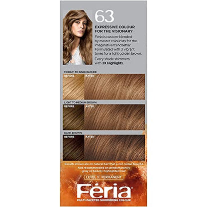 L'Oreal Paris Feria Multi-Faceted Shimmering Permanent Hair Color, 63 Sparkling Amber, Hair Dye Kit, Pack of 2
