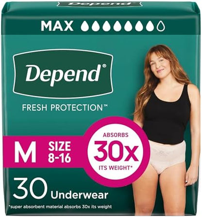Depend Fresh Protection Adult Incontinence & Postpartum Bladder Leak Underwear for Women, Disposable, Maximum, Medium, Blush, 30 Count, Packaging May Vary