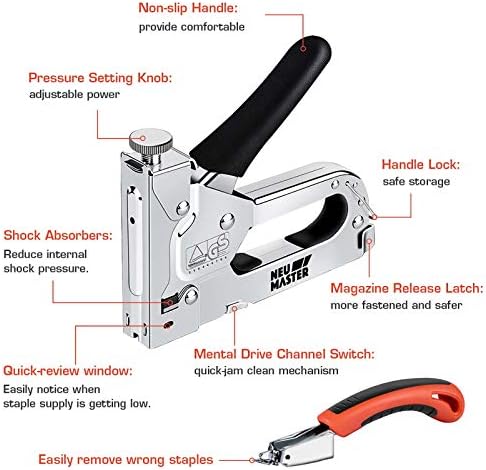 NEU MASTER 3 in 1 Staple Gun, Manual, Heavy Duty with Stapler Remover and 2000Pcs Staples for Upholstery, Fixing Material, Decoration, Carpentry, Furniture