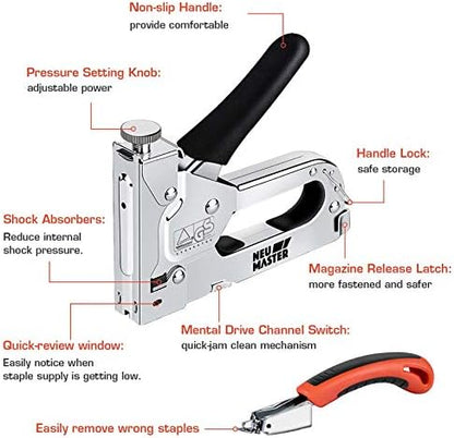 NEU MASTER 3 in 1 Staple Gun, Manual, Heavy Duty with Stapler Remover and 2000Pcs Staples for Upholstery, Fixing Material, Decoration, Carpentry, Furniture