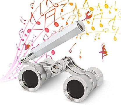 Aomekie Opera Glasses Binoculars 3X25 Lorgnette Theater Glasses Mini Binocular Compact with Handle for Adults Women in Musical Concert（Silver）
