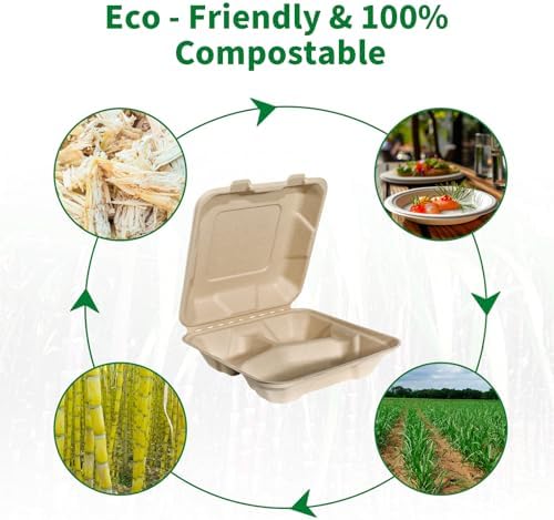 Aricsen Compostable 50 Pack 8x8 Inch 3 Compartment Takeout Lunch Box Containers with Lid, To Go Take Out Clamshell for Food, Disposable Eco-Friendly Biodegradable Bagasse, PFAS-Free, Unbleached Brown