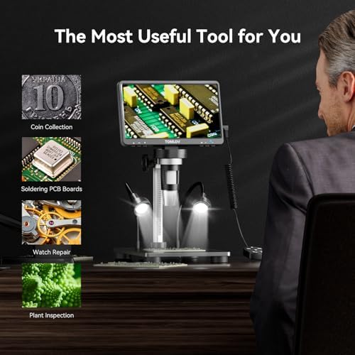 TOMLOV DM9B 7" Digital Microscope: 1080P 1200X Coin Microscope Magnifier, 12MP Ultra-Precise Focusing LCD Soldering Microscopes for Adults, PC View, 32GB, Black