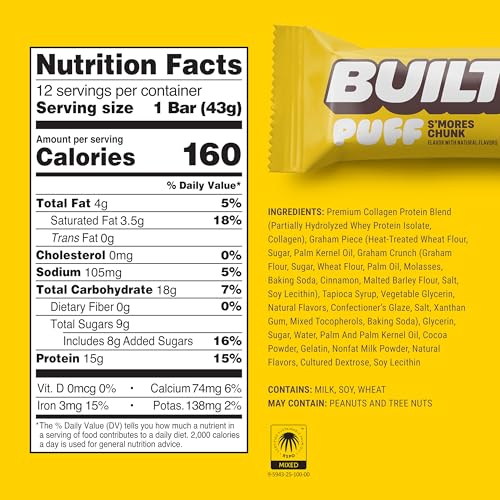 Built Bar, Puff Protein Bars, S'mores Chunk Puff, 15g Protein Snacks, On-The-Go Bars, Only 160 Calories, 9g Sugar, Collagen, Not Gluten Free, 12 Count