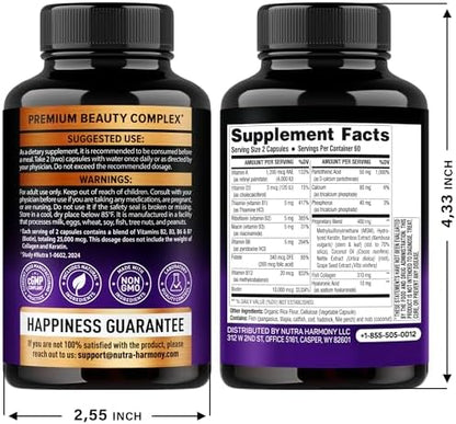 Biotin | Collagen | Keratin - Clinically Tested Supplement - Hair Growth Support, Skin & Nails - 25000 mcg Vitamins B2, B3, B6 & B7 + B1 & Hyaluronic Acid - Made in USA - Women & Men | 120 Capsules