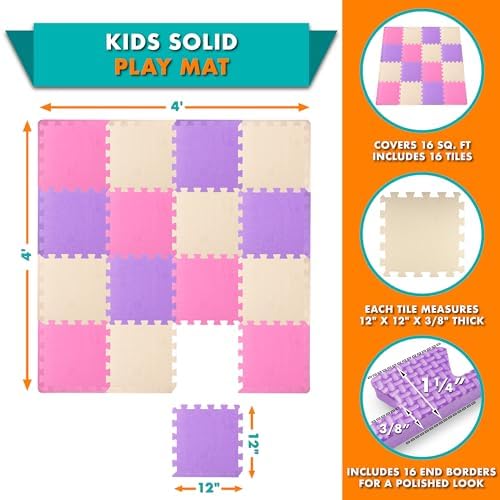 ProSource Foam Puzzle Floor Play Mat for Kids and Babies with Solid Colors, 36 or 16 Interlocking Tiles with Borders, Pink/Purple/Beige