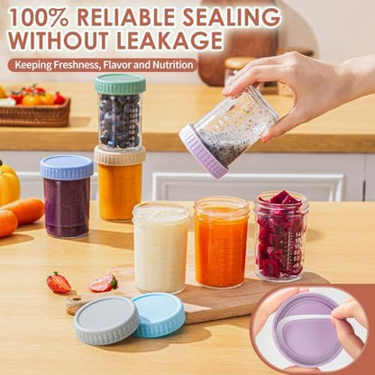 DRKIO 6 Pack Glass Baby Food Storage Containers - 8 Oz Baby Food Jars with Lids Baby Food Maker Microwave Dishwasher Freezer Safe 100% Leak Proof BPA Free Reusable