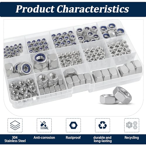 Metric Hex Nuts&Locknuts Assortment Kit(360Pcs)，M3 M4 M5 M6 M8 M10 M12 Stainless Steel Assorted Hex Nuts Sets,Bright Finish