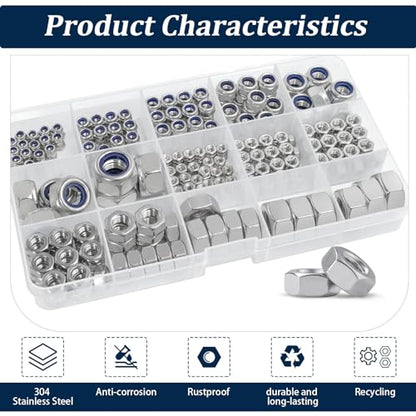 Metric Hex Nuts&Locknuts Assortment Kit(360Pcs)，M3 M4 M5 M6 M8 M10 M12 Stainless Steel Assorted Hex Nuts Sets,Bright Finish