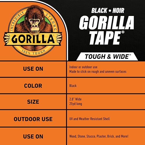 Gorilla Tape Tough & Wide, Black Tape, 2.88" x 25 yd (Pack of 4) - Heavy Duty and Weather Resistant for Indoor or Outdoor