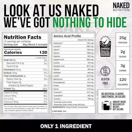 NAKED Whey 1Lb - Only 1 Ingredient, Grass Fed Whey Protein Powder, Undenatured, No Gmos, No Soy, Gluten Free, Stimulate Growth, Enhance Recovery - 15 Servings