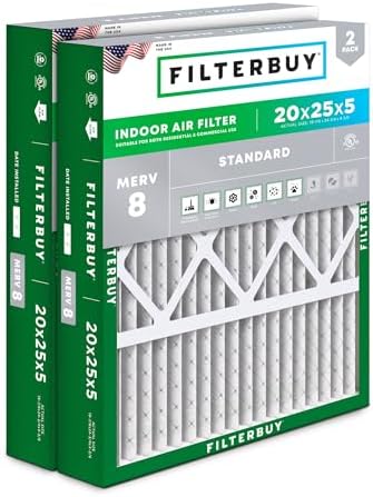 Filterbuy 20x25x5 Air Filter MERV 8 Dust Defense (2-Pack), Pleated HVAC AC Furnace Air Filters for Honeywell FC100A1037, Lennox X6673, Carrier, & More (Actual Size: 19.88 x 24.75 x 4.38 Inches)