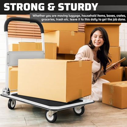 Heavy Duty Foldable Push Cart Dolly | 330 lbs. Capacity | Upgraded Collapsible Hand Truck Platform with Swivel Wheels | Flat Bed Moving Wagon | Space Saving Push Handle (White)
