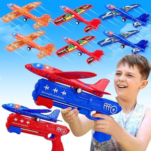6 Pack Airplane Launcher Toys, 2 Flight Modes LED Foam Glider Catapult Plane, Outdoor Flying Toy for Kids, Birthday Gifts for Boy Girl 4 5 6 7 8 9 10 11 12 Year Old, B-Day Party Supplies