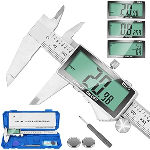 Digital Caliper, 6 Inch Caliper Tool with Extra Large LCD Screen, Auto-Off Feature, Easy Switch from Inch Metric Fraction, Stainless Steel Vernier Caliper Measuring Tool for DIY/Household