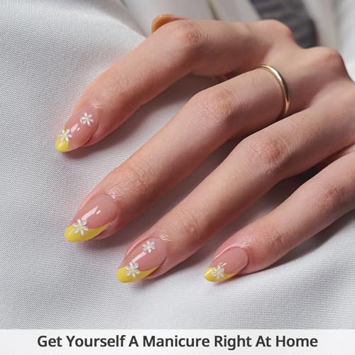 BTArtbox French Tip Press On Nails - Lamp-Curable Short Almond Press On Nails with Glue for Women, Semi-Transparent Soft Gel Glue On Nails in 16 Sizes - 32 Stick On Nails Kit, Daisy