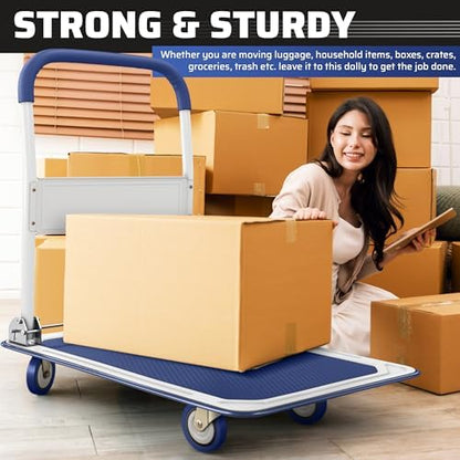 Heavy Duty Foldable Push Cart Dolly | 660 lbs. Capacity | Upgraded Collapsible Hand Truck Platform with Swivel Wheels | Flat Bed Moving Wagon | Space Saving Push Handle (Blue)