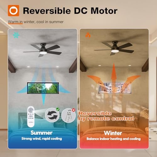 addlon Ceiling Fans with Lights, 42 Inch Low Profile Ceiling Fan with Light and Remote Control, Flush Mount, Reversible, 3CCT, Dimmable, Quiet, Black Small Ceiling Fan for Bedroom Indoor/Outdoor Use