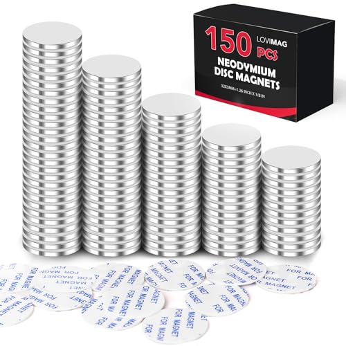 LOVIMAG Super Strong Neodymium Disc Magnets, Powerful Rare Earth Magnets with Double-Sided Adhesive for Fridge, DIY, Building, Scientific, Craft, and Office - 1.26 inch x 1/8 inch, Pack of 150