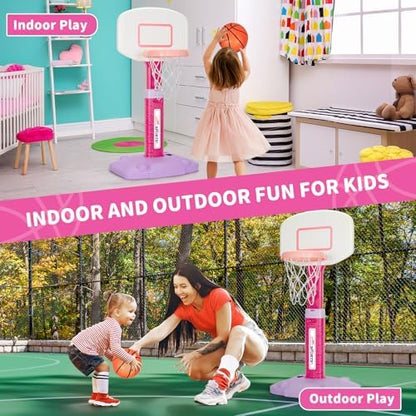 Toddler Basketball Hoop Indoor for Age 1-3, Adjustable Kids Basketball Hoop, Mini Basketball Hoops with 3 Balls for Outdoor Poolside, Birthday Christmas Sport Toys Gift for Baby Boy Girl 1 2 3 4, Pink