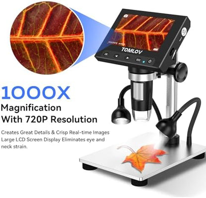 TOMLOV 1000X Coin Microscope with 4.3" Screen, Digital Microscope Magnifier with LED Lights, Metal Stand, PC View, Photo/Video, 32GB SD Card, Windows, macOS Compatible, DM4S