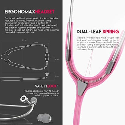 MDF Instruments, Acoustica Lightweight Stethoscope for Doctors, Nurses, Students, Home Health Use, Adult, Dual Head, Pink Tube, Silver Chestpiece-Headset, MDF747XP01