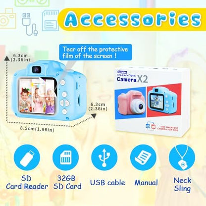 Seckton Upgrade Kids Selfie Camera, Christmas Birthday Gifts for Boys Age 3-9, HD Digital Video Cameras for Toddler, Portable Toy for 3 4 5 6 7 8 Year Old Boy with 32GB SD Card-Blue