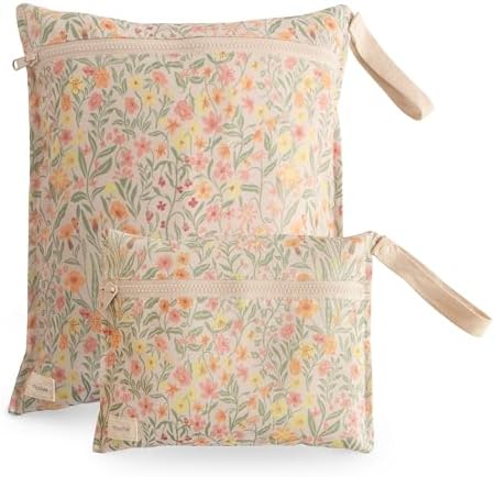 mushie Water Resistant Wet Bags | Large & Small Reusable Storage Bag for Baby Items and Travel | Zippered Pockets with Handle | Machine Washable, Set of 2 (Pastel Blooms)