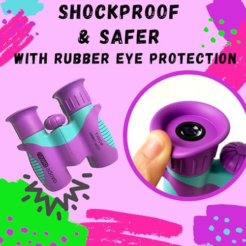 Kids Binoculars 8x21 Purple- Girls Age 3-12, Shock Proof Compact Binoculars Child Set- Neck Strap, Compass, Carabiner, Case, High-Resolution Bird Watching Optics Child Gift CampingToy Travel