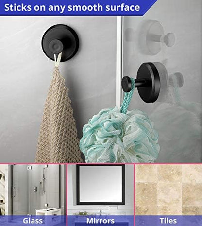HOME SO Suction Cup Hooks for Shower, Bathroom, Kitchen, Glass Door, Mirror, Tile – Loofah, Towel, Coat, Bath Robe Hook Holder for Hanging up to 15 lbs – Waterproof & Rustproof, Matte Black (2-Pack)