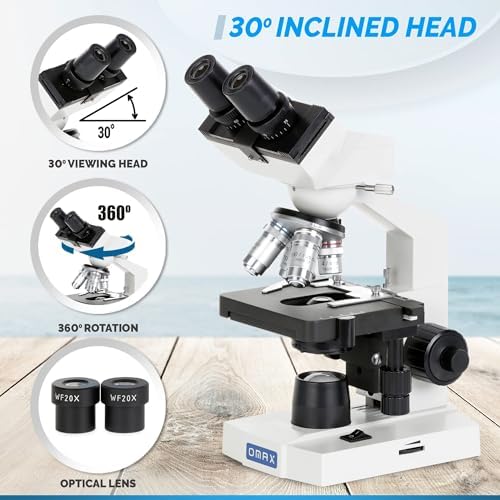 OMAX M82E Series LED Binocular Compound Lab Microscope - 40X-2000X Magnification - Microscope Kit with 100 Blank Slides & Cover Slips