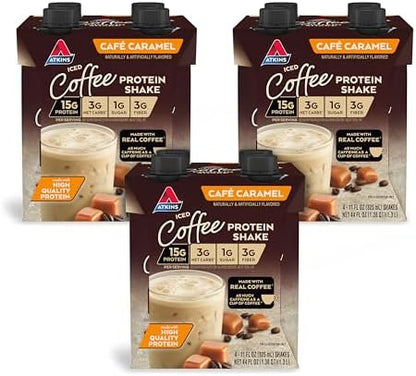 Atkins Café Caramel Iced Coffee Flavored Protein Shake, High Protein Shake, Low Glycemic, Low Carb and Low Sugar, Keto Friendly, Gluten Free, 12 Count