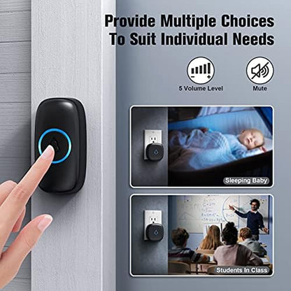 SECRUI Wireless Doorbell with 2 Buttons, Waterproof Mini Doorbell 1,000ft Range 110dB Mute Mode 58 Door Chimes & Colorful LED Flashing - Black