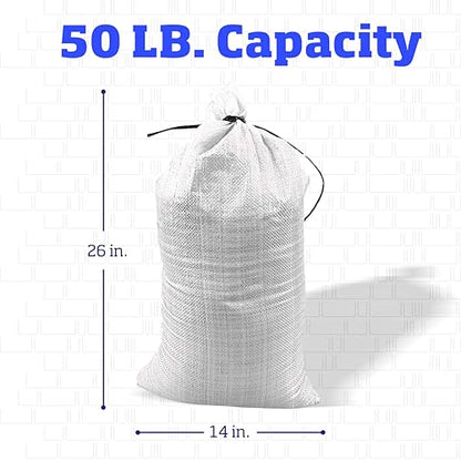 DURASACK Heavy Duty Sand Bags with Tie Strings Empty Woven Polypropylene Sand-Bags for Flood Control with 1600 Hours of UV Protection, 50 lbs Capacity, 14x26 inches, White, Pack of 20