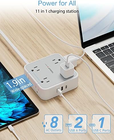 Power Strip Surge Protector 10 Ft Cord, 8 AC Outlets, 3 USB Charger(1 USB C Port), TESSAN Ultra Thin Extension Cord, Flat Plug, 900 Joules Protection, Desk Charging Station for Home, Office