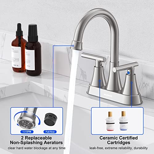 Bathroom Faucets for Sink 3 Hole, Hurran 4 inch Brushed Nickel Bathroom Sink Faucet with Pop-up Drain and Supply Hoses, Stainless Steel Lead-Free Centerset Faucet for Vanity RV, 2 Pack