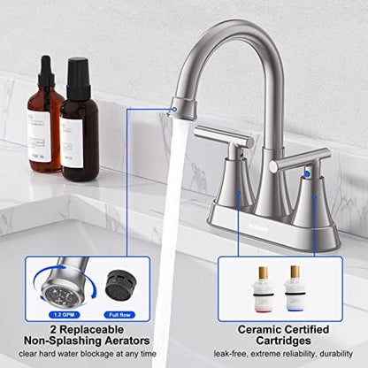 Bathroom Faucets for Sink 3 Hole, Hurran 4 inch Brushed Nickel Bathroom Sink Faucet with Pop-up Drain and Supply Hoses, Stainless Steel Lead-Free Centerset Faucet for Vanity RV, 2 Pack
