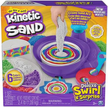Kinetic Sand, Deluxe Swirl N’ Surprise Playset with 2.5lbs Play Sand (Red, Blue, Green, Yellow, White & Purple), 4 Tools, Sensory Toys for Kids