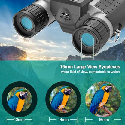 ZZSTAR 12x32 Binoculars for Adults, Large View, Portable High Powered Binoculars with Camera, FMC & BAK4 Prism Lens, 2" LCD Display 5MP 1080P Video Photo Recorder for Bird Watching Sport, Silver