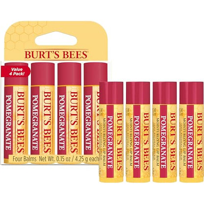 Burt's Bees Back to School Gift Ideas, Lip Balm - Pomegranate, Lip Moisturizer With Responsibly Sourced Beeswax, Tint-Free, Natural Origin Conditioning Treatment, 4 Tubes, 0.15 oz.