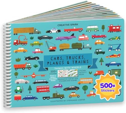 CUPKIN Sticker Book for Kids 2-4, 500+ Kids Stickers, Cars, Trucks, Planes & Trains 12 Coloring Pages 12 Side by Side Scenes, Fun Toddler Travel Activity Coloring and Sticker Books for Ages 4-8 + 8-10