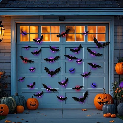 DR.DUDU 36 Pack Halloween Bats Wall Decor – Lighted 3D Bat Stickers Assorted Size for Halloween Party, Bedroom Window Decorations, Indoor and Outdoor Home Decals