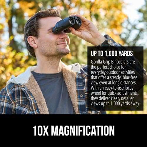 GORILLA GRIP 10x25 Compact Binoculars for Adults with Strap, Superior High Powered Clear 10X Magnification, Lightweight, Bird Watching, Hunting, Stargazing, Adjustable Eye Cups, Black