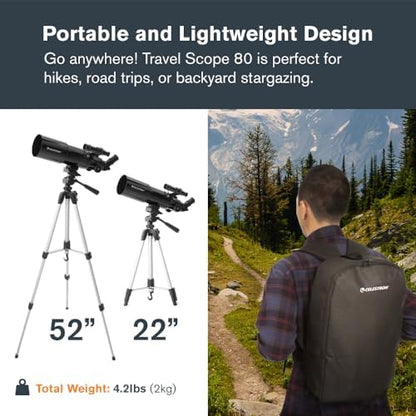 Celestron Travel Scope 80 Portable Refractor Telescope – 80mm Aperture, Fully-Coated Glass Optics – Includes Tripod, Smartphone Adapter, Backpack & Software – Ideal for Beginners & Travel