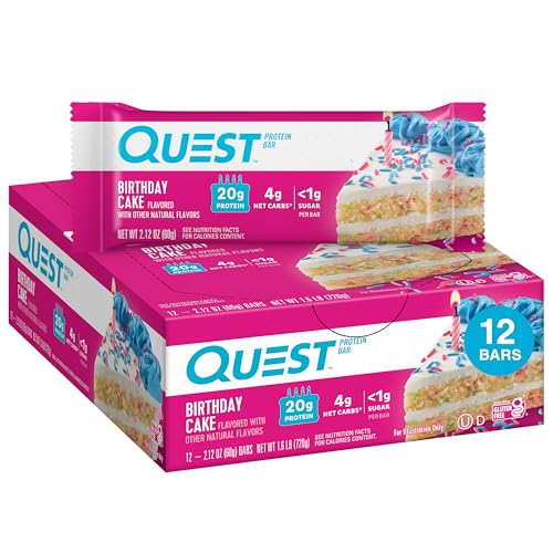 Quest Nutrition Birthday Cake Protein Bars, 20g Protein, 1g Sugar, 4g Net Carbs, Gluten Free, Keto Friendly, 12 Count