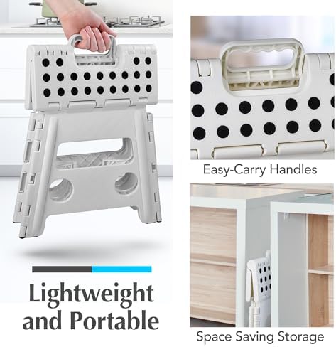 Handy Laundry Folding Lightweight Step Stool - Sturdy Enough to Support Adults and Safe Enough for Kids - Opens Easy with One Flip - Great for Kitchen, Bathroom or Bedroom (White - 13 inch)