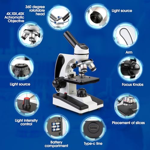 Microscope for Adults Kids 40X-2000X Compound Monocular Microscope for Students School Laboratory Home Education with Slides Set Phone Adapter