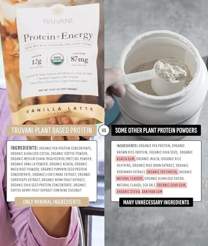 Truvani Protein + Energy Drink Mix with 87mg Caffeine | Vanilla Latte | 12g Organic Plant Based Protein | 20 Servings | USDA Organic Coffee Powder & Adaptogens | Gluten & Dairy Free | Vegan | Non-GMO
